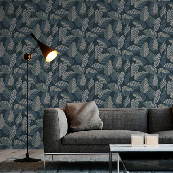 PARATO CARAIBI PVC/TNT  FOLIAGE BLUE-BEIGE 0,53X10,05MT