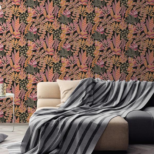 PARATO CARAIBI PVC/TNT  FOLIAGE BLACK PINK 0,53X10,05MT