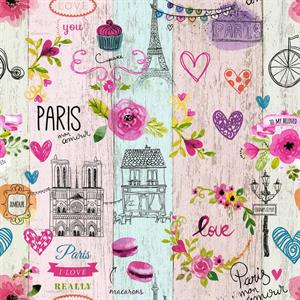 PARATO LES AVENTURES    /LILYBETH TNT SCRITTE  ROSA 0,53X10,05MT